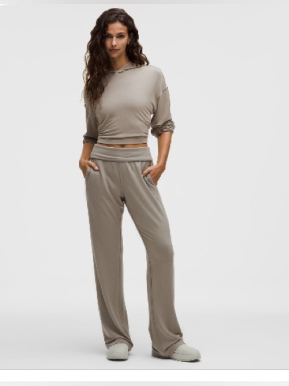 NWOT lululemon athletica Taupe Tan BeCalm Mid-Rise Flared Pant in Warm Ash Grey
